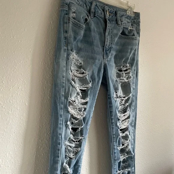 American Eagle Jeggings Super Stretch High Rise Skinny Light Wash Distressed - Picture 7 of 11